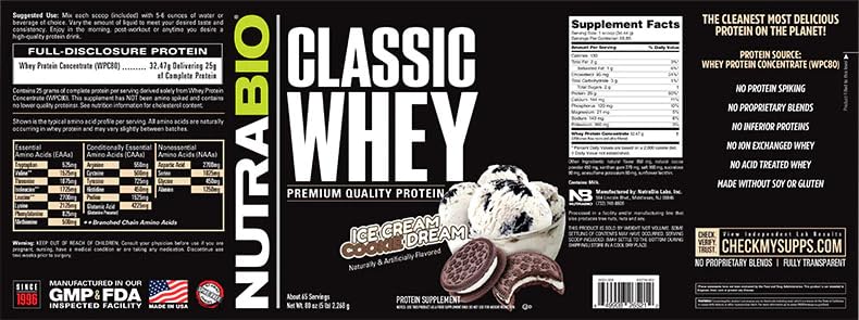 NutraBio Classic Whey Protein Powder- 25G of Protein Per Scoop - Ice Cream Cookie Dream, 2 Pounds