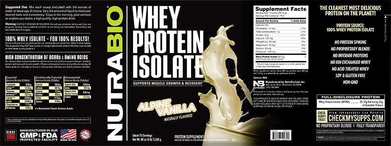 NutraBio Whey Protein Isolate Powder Supplement – 25g of Protein Per Scoop with Complete Amino Acid Profile - Soy and Gluten Free Protein Powder - Zero Fillers and Non-GMO - Alpine Vanilla - 2 Lbs