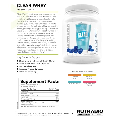 NutraBio Clear Whey Isolate Protein Powder, Delicious & Refreshing Fruit Flavors, Protein Juice, No Milky Taste, No Foam, Zero Sugar, Watermelon Breeze, 20 Servings