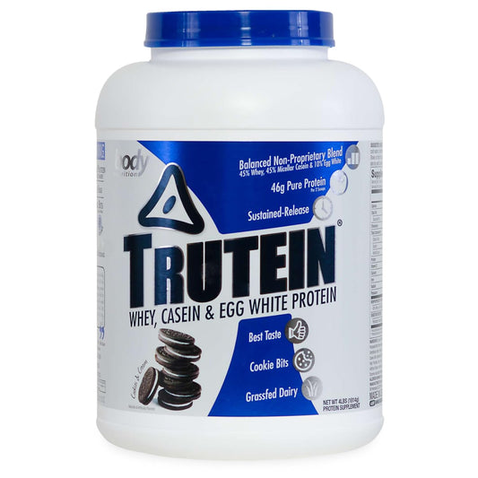 Body Nutrition Trutein High Protein Powder: 45% Whey, 45% Casein, 10% Egg White Protein Shake Mix, Low Sodium, Low Carb Protein Supplement Powder for Men & Women, Cookies & Cream, 4lb