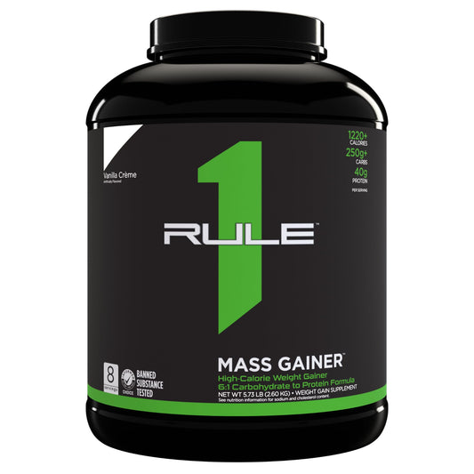 Rule One Proteins, R1 Mass Gainer - Vanilla Crème, High-Calorie Weight Gain Formula with 1,220+ Calories, 250g+ Complex Carb Blend, 40g All-Whey Protein, 8g Fat Per Serving, 6 Pounds, 8 Servings