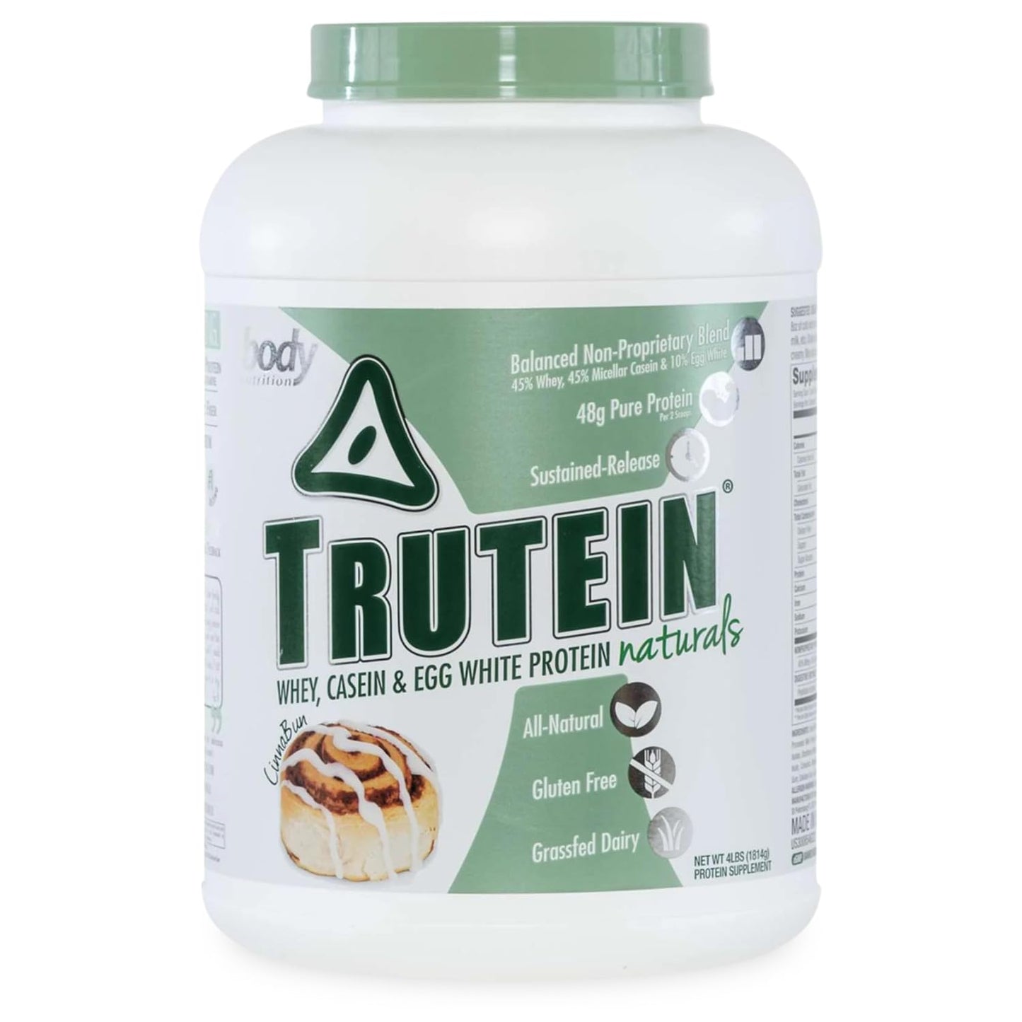 Body Nutrition Trutein Naturals, Whey, Casein & Egg White Protein Powder Without Artificial Sweeteners, Gluten-Free Keto Protein Powder, Post-Workout Meal Replacement Shake, Cinnabun, 4 lb