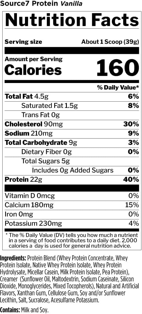 Source 7 Protein – Gelato-Inspired Flavors, Velvety Smooth Texture, 22g Sustained Protein with 10g EAAs from 7 Premium Sources (2 Pounds*, Vanilla)