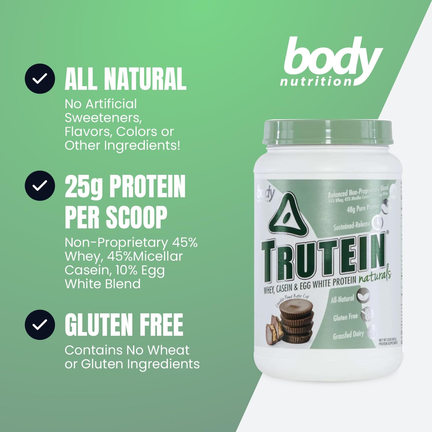 Body Nutrition Trutein Naturals, Whey, Casein & Egg White Protein Powder Without Artificial Sweeteners, Gluten-Free Keto Protein Powder, Post-Workout Meal Replacement Shake, Cinnabun, 4 lb