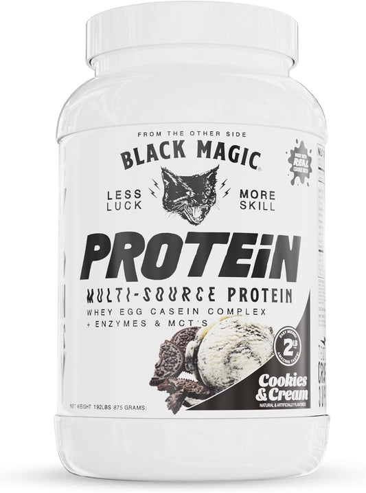 Magician Black Magic Multi-Source Protein - Whey, Egg, Casein Complex with Enzymes & MCT's Keto, Low Sugar Pre/Post Workout Cookies and Cream Flavor 24g 2 LB, 1.92 Pound (Pack of 1)