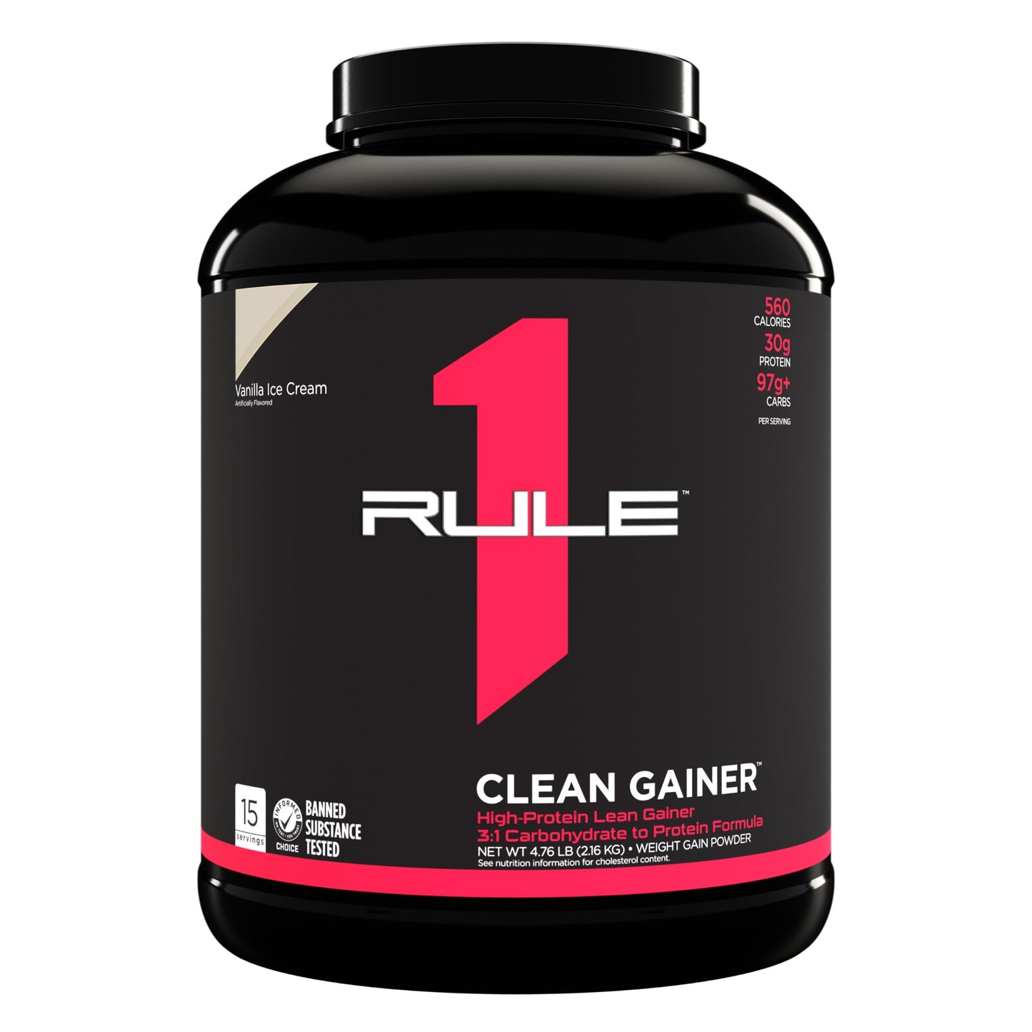 Rule One Proteins, R1 Clean Gainer - High-Protein Lean Gain Formula with 560 Calories, 30g of Full-Spectrum Protein, Over 90g Carbs, Under 6g of Fat (15 Servings, Vanilla Crème)