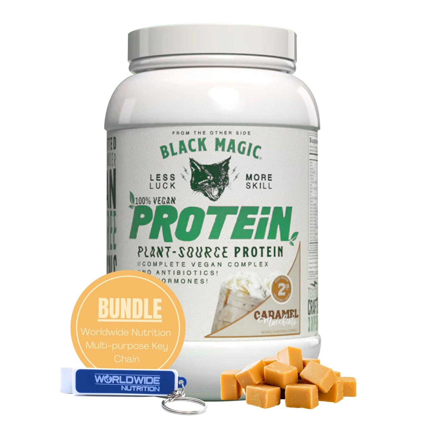 Worldwide Nutrition Bundle: Black Magic Multi-Source Protein - Whey, Egg, and Casein Complex with Enzymes & MCT Powder - Vegan Peanut Butter Protein Powder - 2 LB with Bonus Key Chain