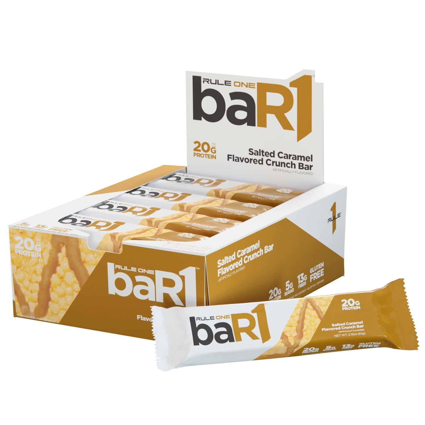 Rule 1 baR1 Crunch Bar - On-The-Go Convenient Protein Snack Bars with 20g Premium Protein, Naturally-Packed with EAAs/BCAAs, Hunger-Filling Fiber (12 Count Box, Fudge Brownie)