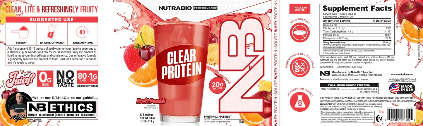 NutraBio Clear Whey Isolate Protein Powder, Delicious & Refreshing Fruit Flavors, Protein Juice, No Milky Taste, No Foam, Zero Sugar, Watermelon Breeze, 20 Servings