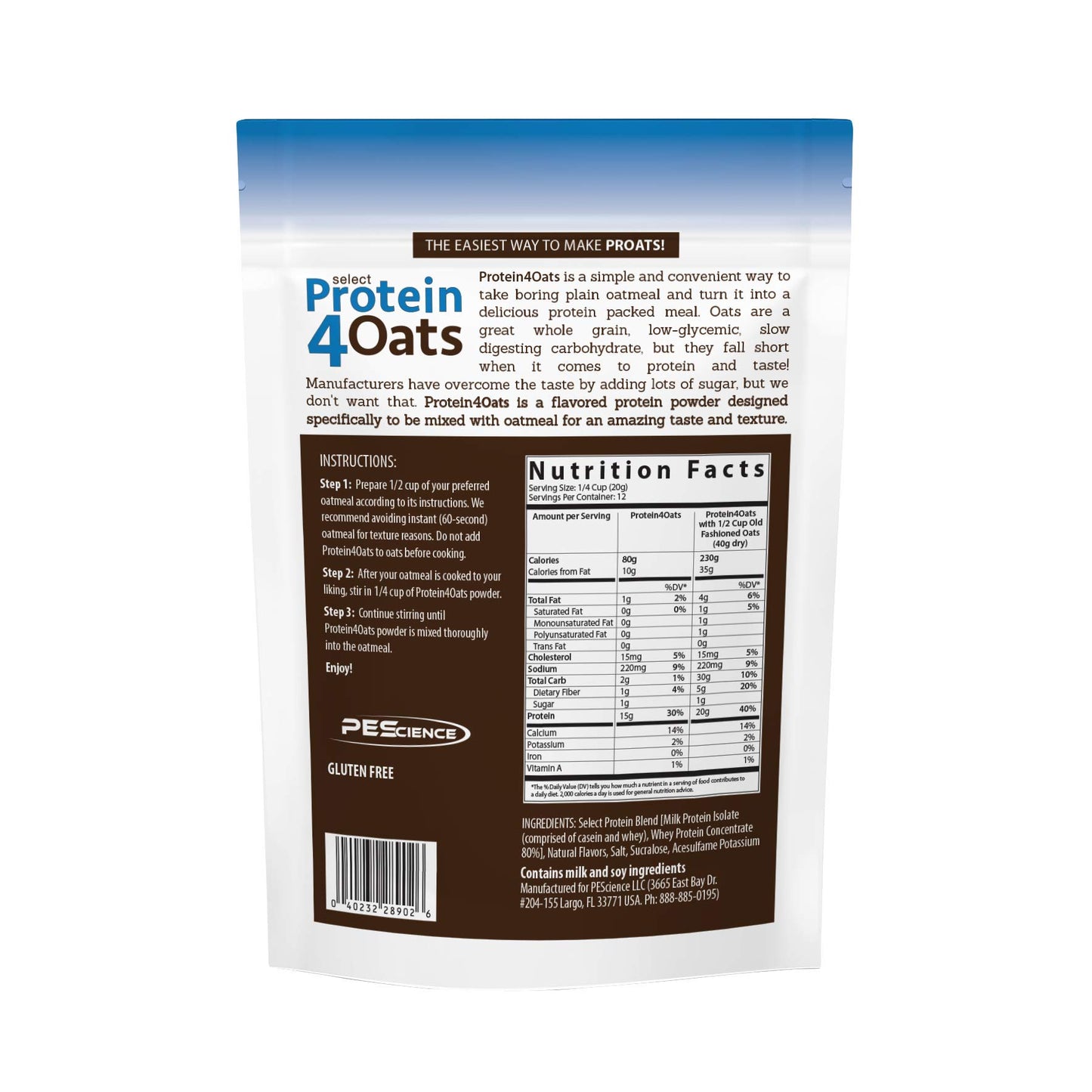 PEScience Select Protein4Oats, Maple and Brown Sugar, 12 Serving, Whey and Casein Blend for Oats and Oatmeal