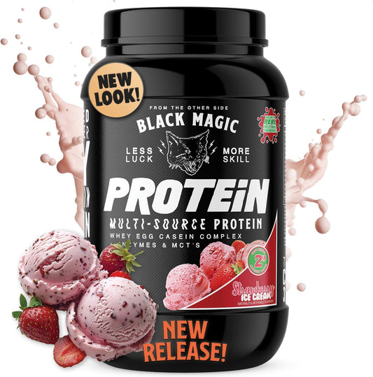 Black Magic Protein Powder - New Look - Whey, Egg, and Casein Complex with Enzymes & MCT Powder - Pre Workout and Post Workout - Strawberry Ice Cream Protein Powder - 24g Protein - 2 LB…