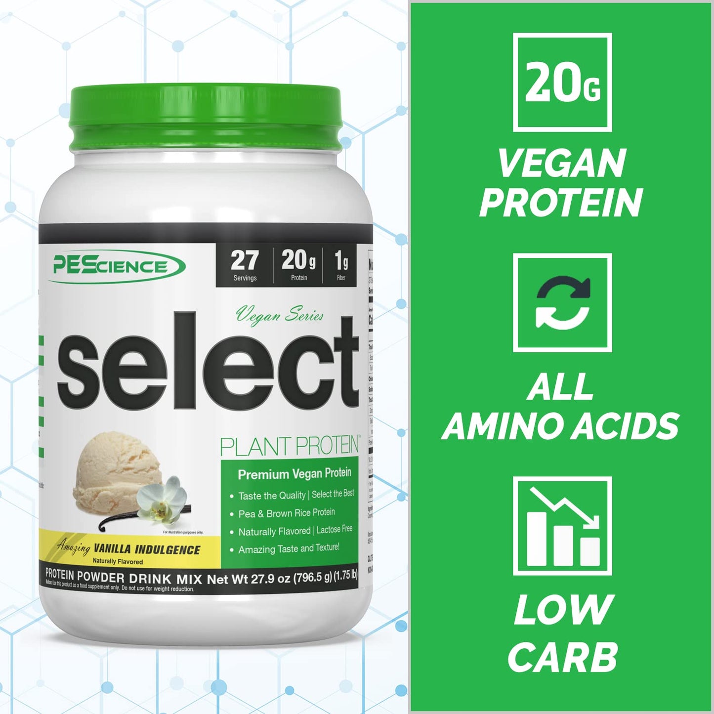 PEScience Select Vegan Plant Based Protein Powder, Vanilla, 27 Serving, Premium Pea and Brown Rice Blend