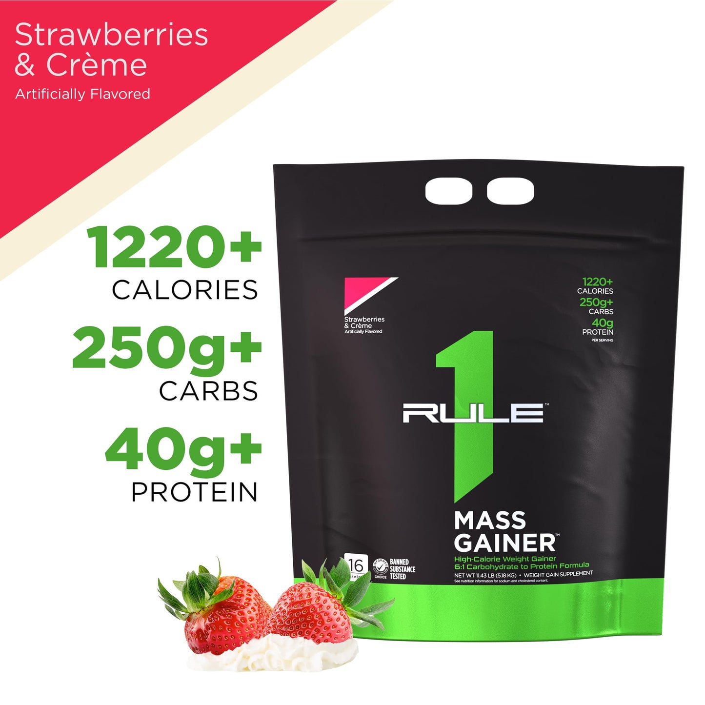 Rule One Proteins, R1 Mass Gainer - Vanilla Crème, High-Calorie Weight Gain Formula with 1,220+ Calories, 250g+ Complex Carb Blend, 40g All-Whey Protein, 8g Fat Per Serving, 6 Pounds, 8 Servings