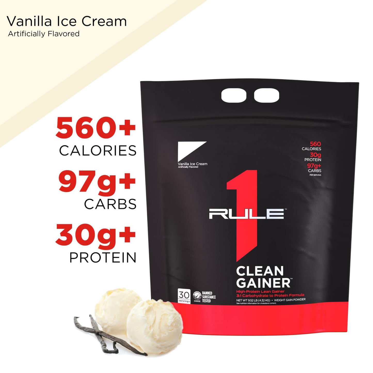 Rule One Proteins, R1 Clean Gainer - High-Protein Lean Gain Formula with 560 Calories, 30g of Full-Spectrum Protein, Over 90g Carbs, Under 6g of Fat (15 Servings, Vanilla Crème)