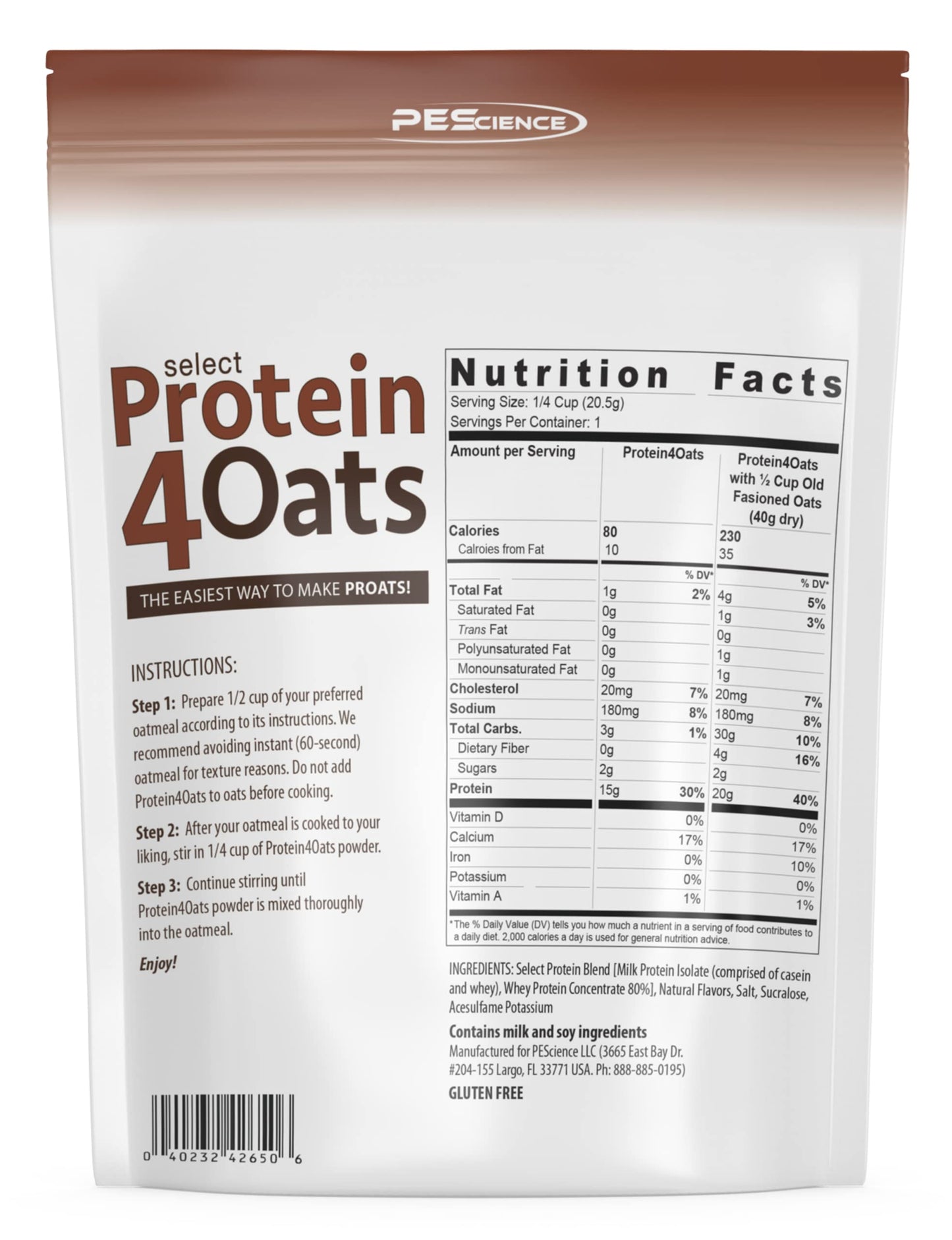 PEScience Select Protein4Oats, Maple and Brown Sugar, 12 Serving, Whey and Casein Blend for Oats and Oatmeal