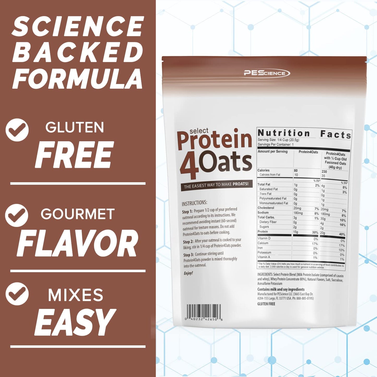 PEScience Select Protein4Oats, Maple and Brown Sugar, 12 Serving, Whey and Casein Blend for Oats and Oatmeal