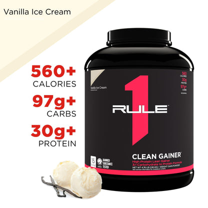 Rule One Proteins, R1 Clean Gainer - High-Protein Lean Gain Formula with 560 Calories, 30g of Full-Spectrum Protein, Over 90g Carbs, Under 6g of Fat (15 Servings, Vanilla Crème)