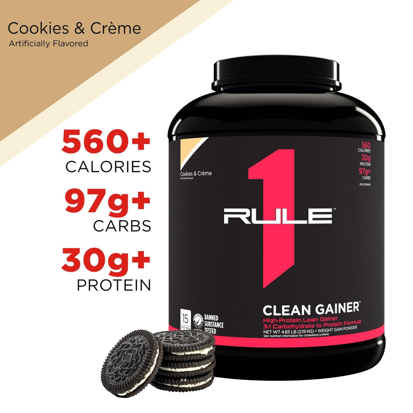 Rule One Proteins, R1 Clean Gainer - High-Protein Lean Gain Formula with 560 Calories, 30g of Full-Spectrum Protein, Over 90g Carbs, Under 6g of Fat (15 Servings, Vanilla Crème)