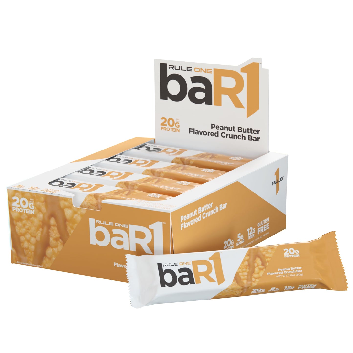 Rule 1 baR1 Crunch Bar - On-The-Go Convenient Protein Snack Bars with 20g Premium Protein, Naturally-Packed with EAAs/BCAAs, Hunger-Filling Fiber (12 Count Box, Fudge Brownie)