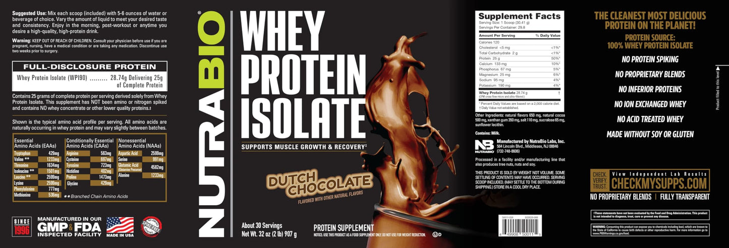 NutraBio Whey Protein Isolate Powder Supplement – 25g of Protein Per Scoop with Complete Amino Acid Profile - Soy and Gluten Free Protein Powder - Zero Fillers and Non-GMO - Alpine Vanilla - 2 Lbs