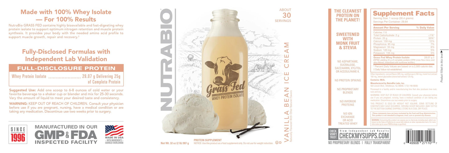 NutraBio Grass Fed Whey Isolate Protein Powder - 25G of Protein Per Scoop - Sugar Free Natural Lean Muscle Protein Supplement - Chocolate Mikshake - 2 Pounds, 29 Servings.