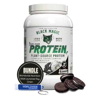 Worldwide Nutrition Bundle: Black Magic Multi-Source Protein - Whey, Egg, and Casein Complex with Enzymes & MCT Powder - Vegan Peanut Butter Protein Powder - 2 LB with Bonus Key Chain