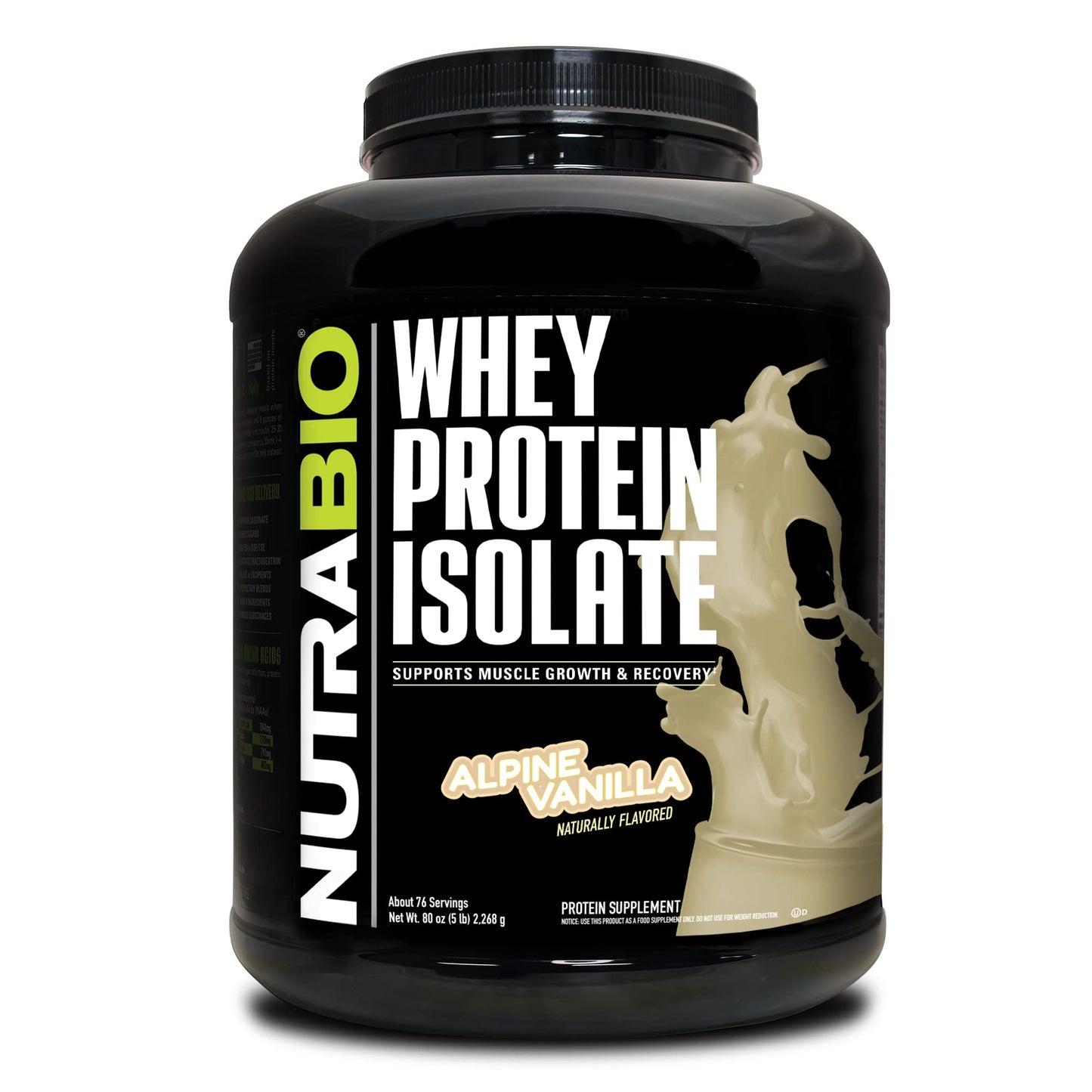 NutraBio Whey Protein Isolate Powder Supplement – 25g of Protein Per Scoop with Complete Amino Acid Profile - Soy and Gluten Free Protein Powder - Zero Fillers and Non-GMO - Alpine Vanilla - 2 Lbs