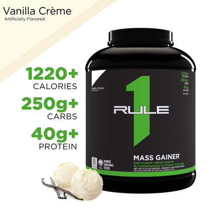 Rule One Proteins, R1 Mass Gainer - Vanilla Crème, High-Calorie Weight Gain Formula with 1,220+ Calories, 250g+ Complex Carb Blend, 40g All-Whey Protein, 8g Fat Per Serving, 6 Pounds, 8 Servings