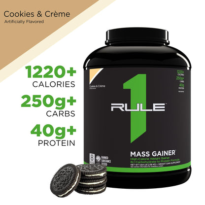 Rule One Proteins, R1 Mass Gainer - Vanilla Crème, High-Calorie Weight Gain Formula with 1,220+ Calories, 250g+ Complex Carb Blend, 40g All-Whey Protein, 8g Fat Per Serving, 6 Pounds, 8 Servings