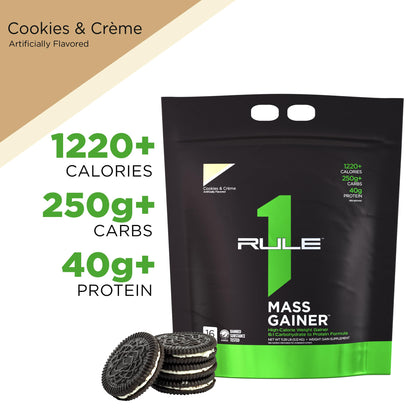 Rule One Proteins, R1 Mass Gainer - Vanilla Crème, High-Calorie Weight Gain Formula with 1,220+ Calories, 250g+ Complex Carb Blend, 40g All-Whey Protein, 8g Fat Per Serving, 6 Pounds, 8 Servings