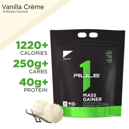 Rule One Proteins, R1 Mass Gainer - Vanilla Crème, High-Calorie Weight Gain Formula with 1,220+ Calories, 250g+ Complex Carb Blend, 40g All-Whey Protein, 8g Fat Per Serving, 6 Pounds, 8 Servings