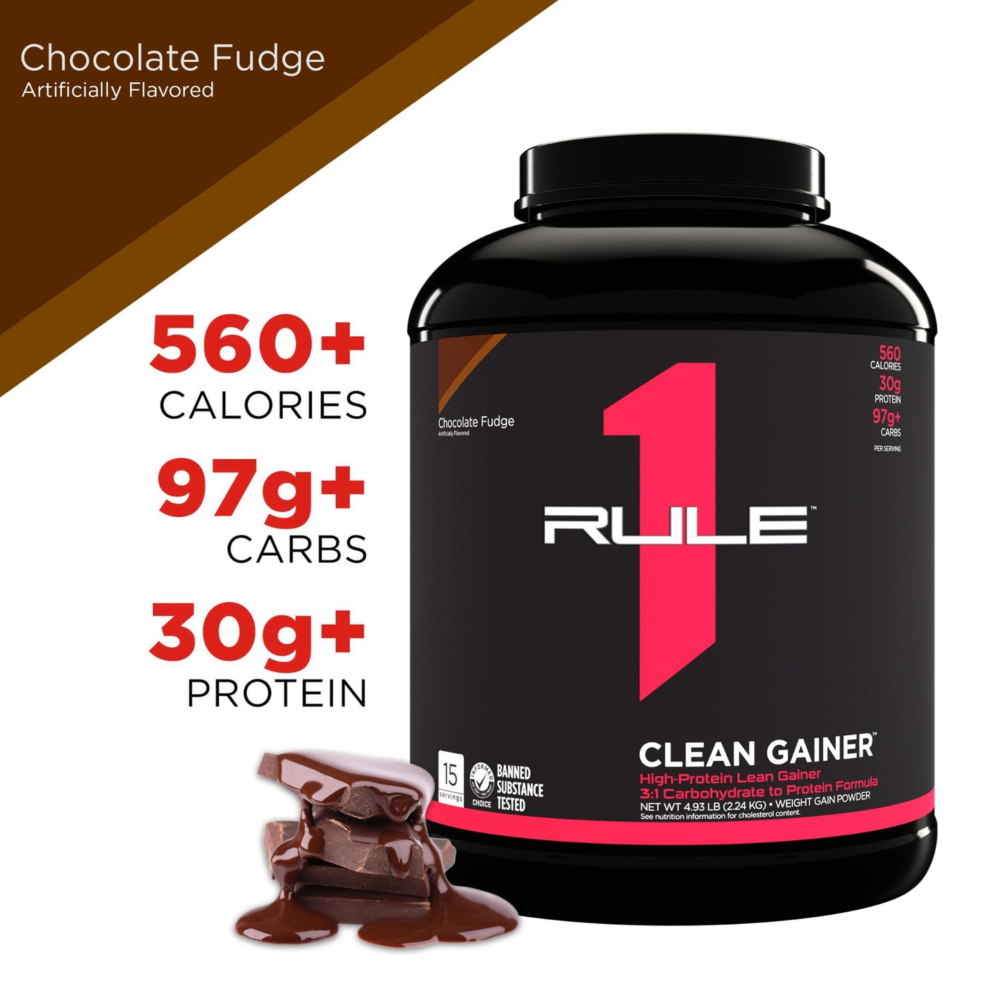 Rule One Proteins, R1 Clean Gainer - High-Protein Lean Gain Formula with 560 Calories, 30g of Full-Spectrum Protein, Over 90g Carbs, Under 6g of Fat (15 Servings, Vanilla Crème)