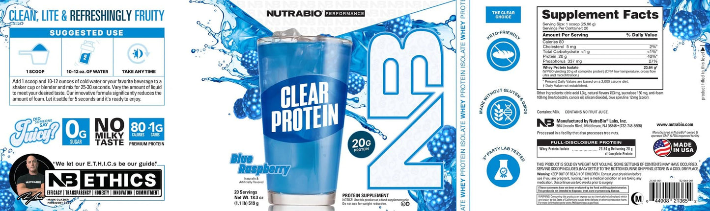 NutraBio Clear Whey Isolate Protein Powder, Delicious & Refreshing Fruit Flavors, Protein Juice, No Milky Taste, No Foam, Zero Sugar, Watermelon Breeze, 20 Servings