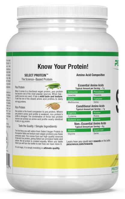 PEScience Select Vegan Plant Based Protein Powder, Vanilla, 27 Serving, Premium Pea and Brown Rice Blend