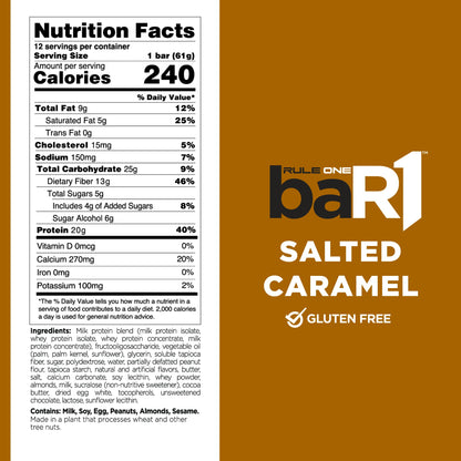 Rule 1 baR1 Crunch Bar - On-The-Go Convenient Protein Snack Bars with 20g Premium Protein, Naturally-Packed with EAAs/BCAAs, Hunger-Filling Fiber (12 Count Box, Fudge Brownie)