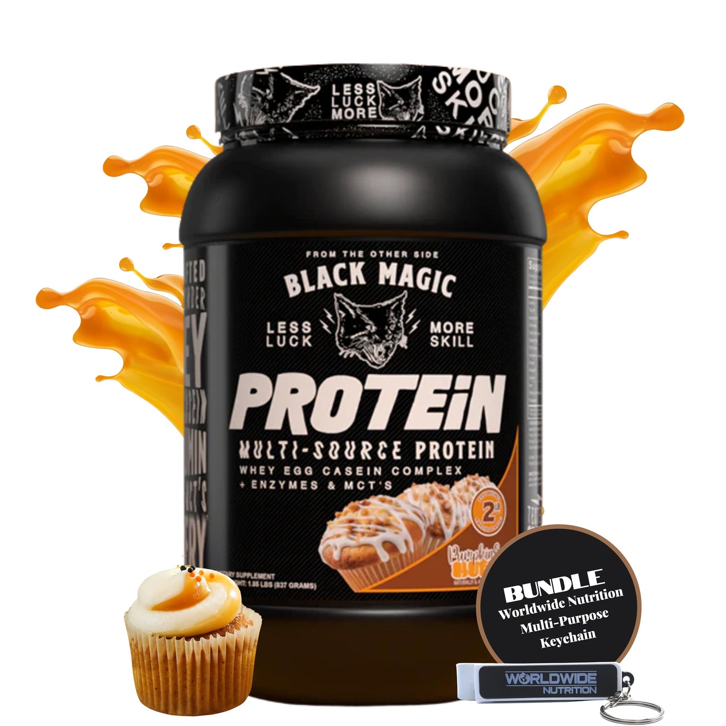 Worldwide Nutrition Bundle: Black Magic Multi-Source Protein Powder Whey, Egg Albumin Enzymes, Micellar Casein & MCTs Muscle Mass Gaining Cinnamon Toast Flavor - 2 LB & Multi-Purpose Keychain