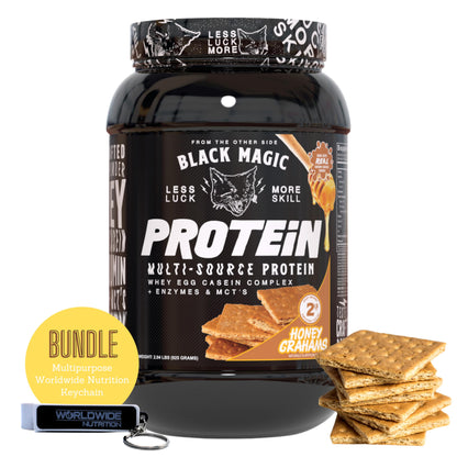 Worldwide Nutrition Bundle: Black Magic Multi-Source Protein Powder Whey, Egg Albumin Enzymes, Micellar Casein & MCTs Muscle Mass Gaining Cinnamon Toast Flavor - 2 LB & Multi-Purpose Keychain