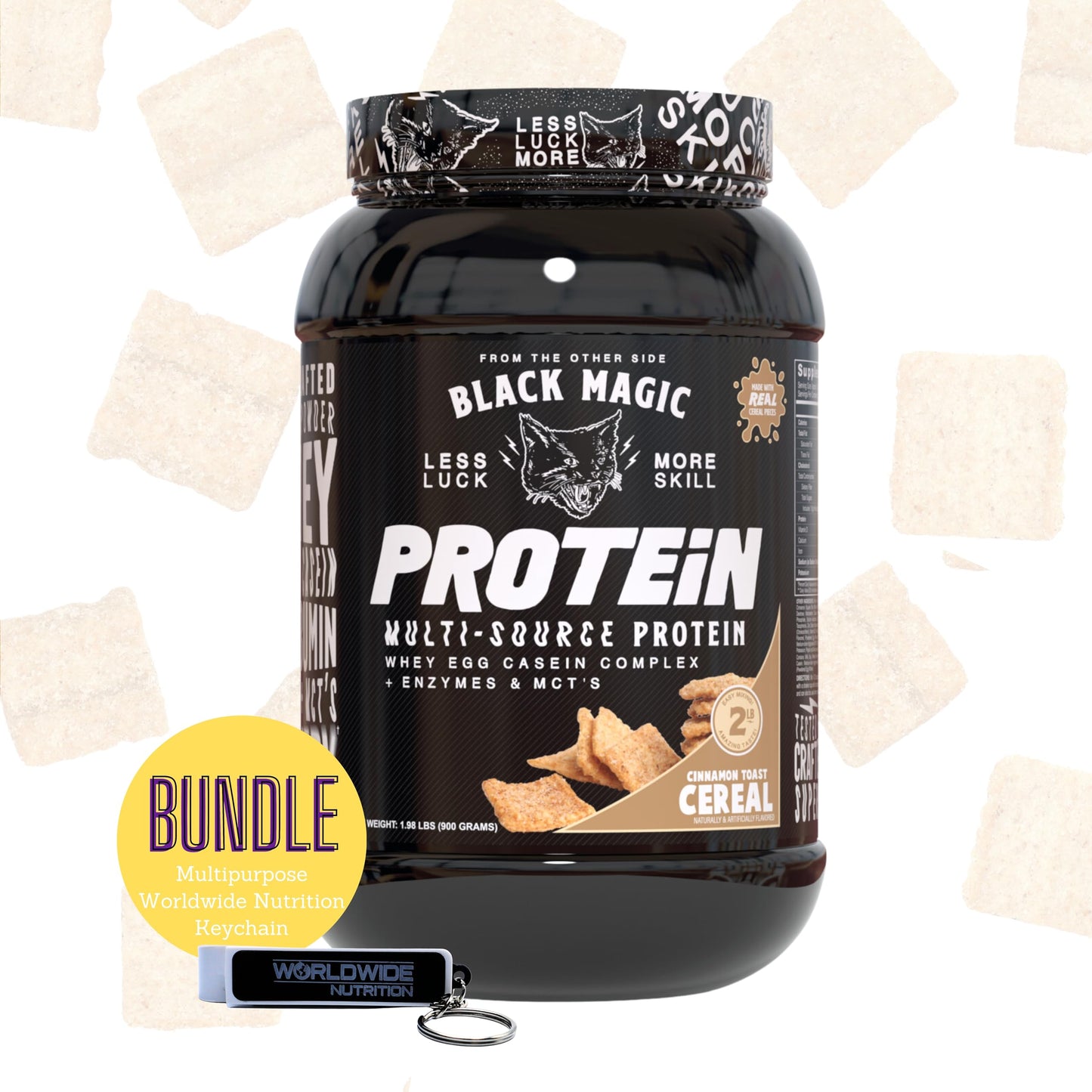 Worldwide Nutrition Bundle: Black Magic Multi-Source Protein Powder Whey, Egg Albumin Enzymes, Micellar Casein & MCTs Muscle Mass Gaining Cinnamon Toast Flavor - 2 LB & Multi-Purpose Keychain