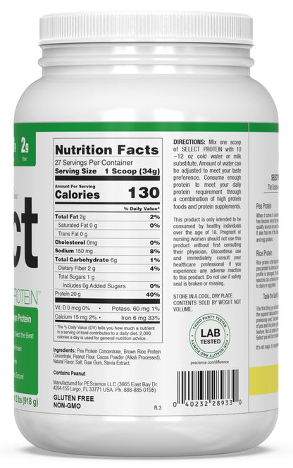 PEScience Select Vegan Plant Based Protein Powder, Vanilla, 27 Serving, Premium Pea and Brown Rice Blend