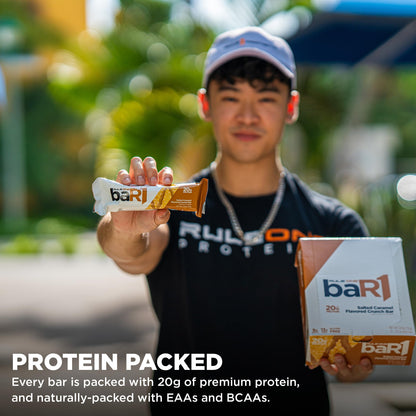 Rule 1 baR1 Crunch Bar - On-The-Go Convenient Protein Snack Bars with 20g Premium Protein, Naturally-Packed with EAAs/BCAAs, Hunger-Filling Fiber (12 Count Box, Fudge Brownie)