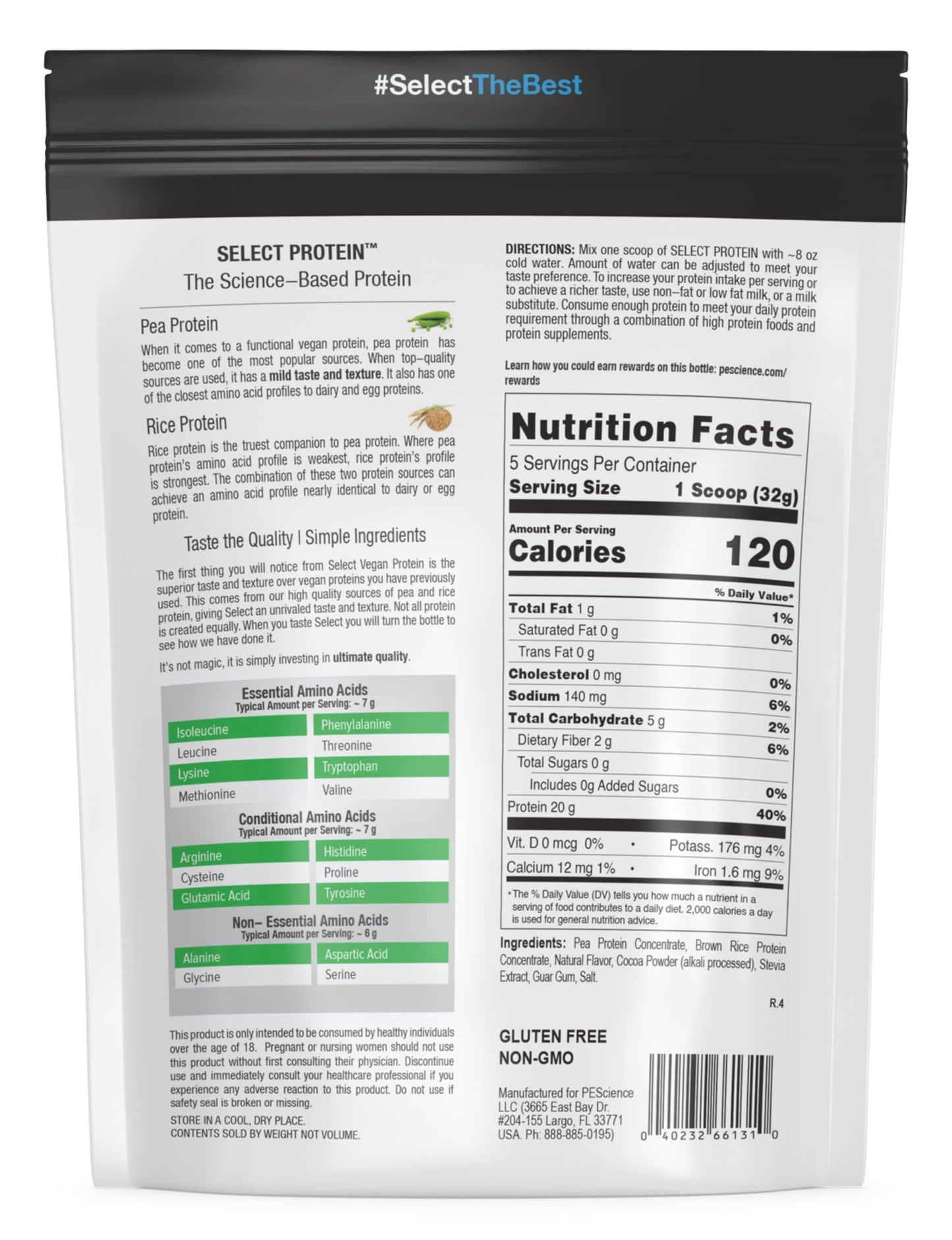 PEScience Select Vegan Plant Based Protein Powder, Vanilla, 27 Serving, Premium Pea and Brown Rice Blend