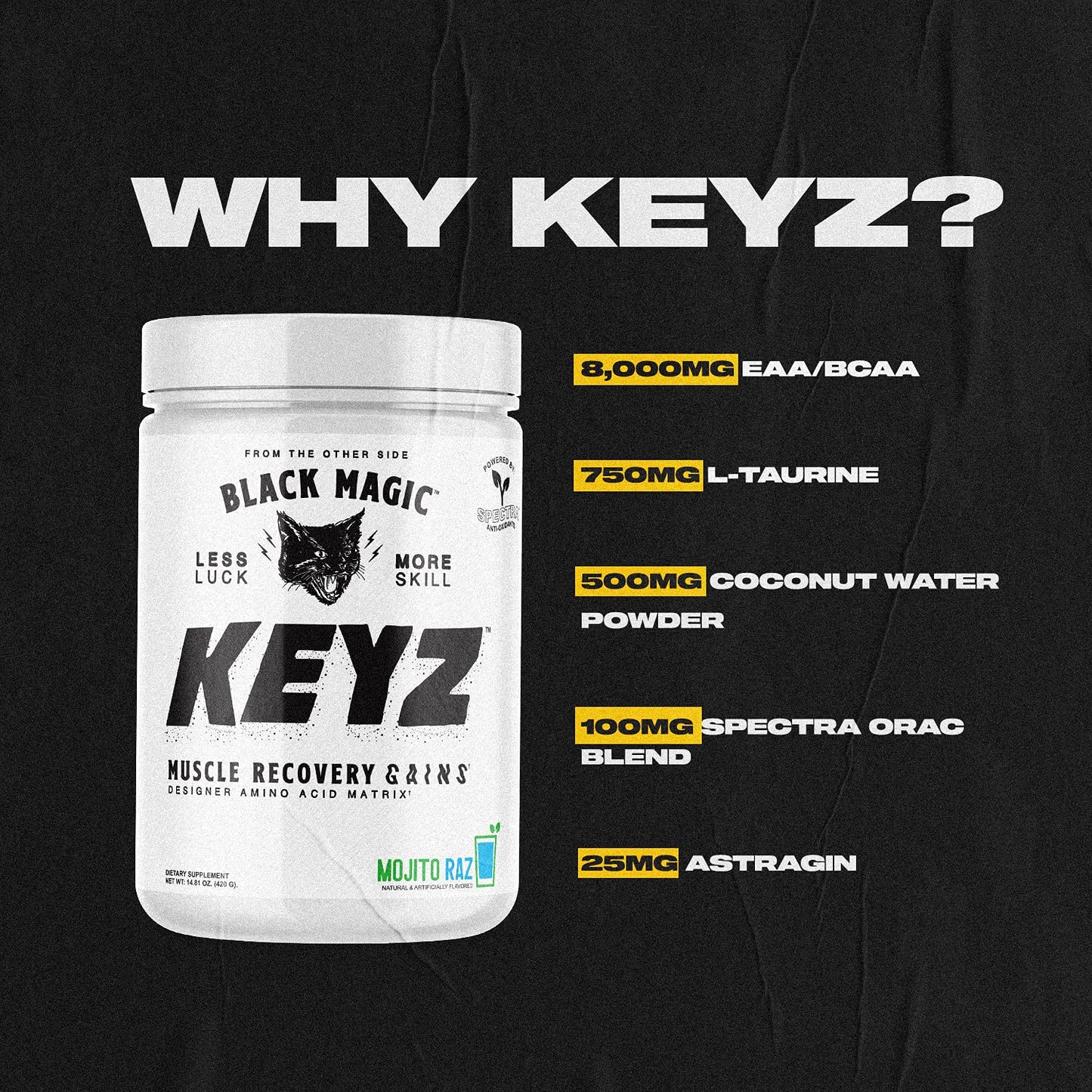 Black Magic Keyz Amino Acid Matrix Powder - Muscle Recovery & Endurance - EAA's, BCAA's, & Taurine - Keto, No Sugar, Caffeine Free - Pina Colada - 14.81 oz