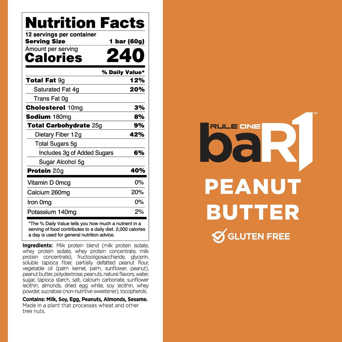 Rule 1 baR1 Crunch Bar - On-The-Go Convenient Protein Snack Bars with 20g Premium Protein, Naturally-Packed with EAAs/BCAAs, Hunger-Filling Fiber (12 Count Box, Fudge Brownie)