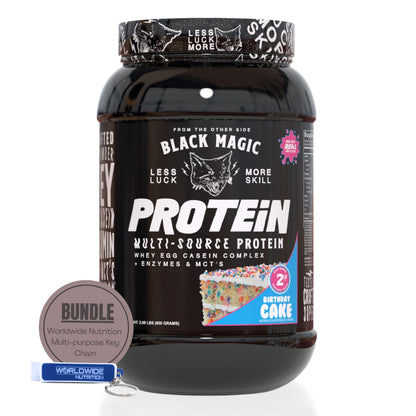 Worldwide Nutrition Bundle: Black Magic Multi-Source Protein Powder Whey, Egg Albumin Enzymes, Micellar Casein & MCTs Muscle Mass Gaining Cinnamon Toast Flavor - 2 LB & Multi-Purpose Keychain