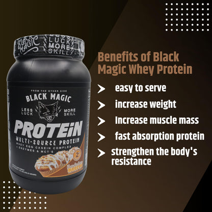 Worldwide Nutrition Bundle: Black Magic Multi-Source Protein Powder Whey, Egg Albumin Enzymes, Micellar Casein & MCTs Muscle Mass Gaining Cinnamon Toast Flavor - 2 LB & Multi-Purpose Keychain