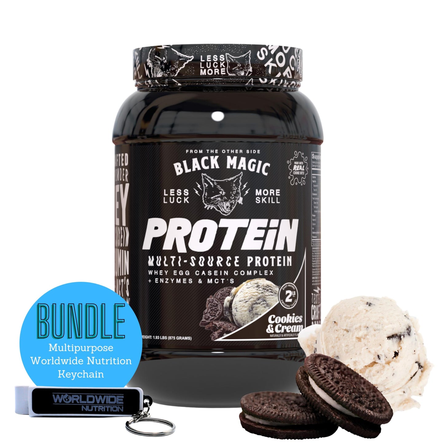 Worldwide Nutrition Bundle: Black Magic Multi-Source Protein Powder Whey, Egg Albumin Enzymes, Micellar Casein & MCTs Muscle Mass Gaining Cinnamon Toast Flavor - 2 LB & Multi-Purpose Keychain