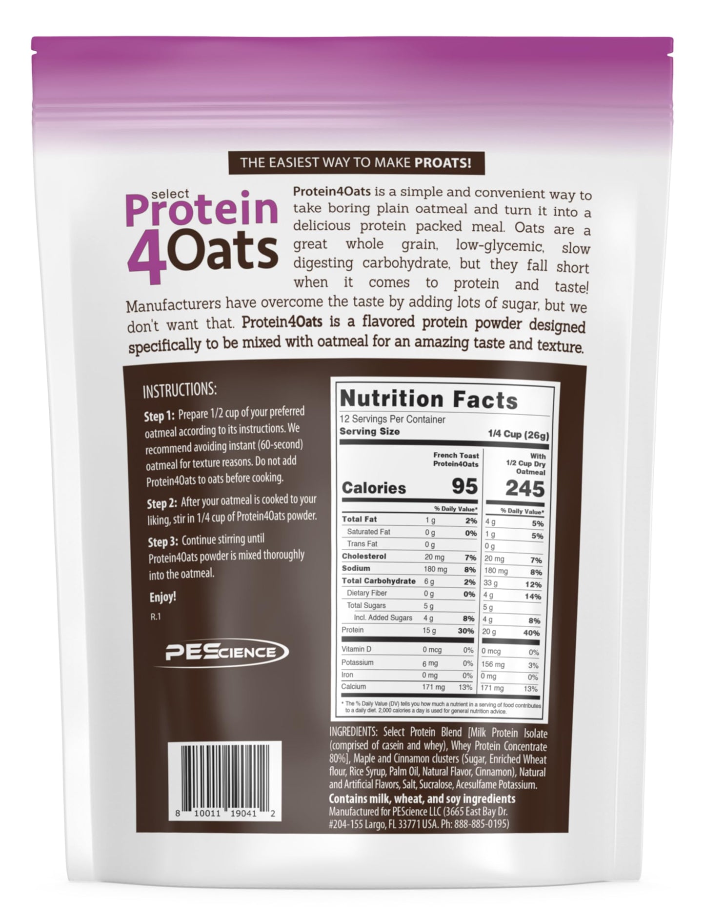 PEScience Select Protein4Oats, Maple and Brown Sugar, 12 Serving, Whey and Casein Blend for Oats and Oatmeal