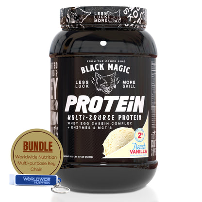 Worldwide Nutrition Bundle: Black Magic Multi-Source Protein Powder Whey, Egg Albumin Enzymes, Micellar Casein & MCTs Muscle Mass Gaining Cinnamon Toast Flavor - 2 LB & Multi-Purpose Keychain