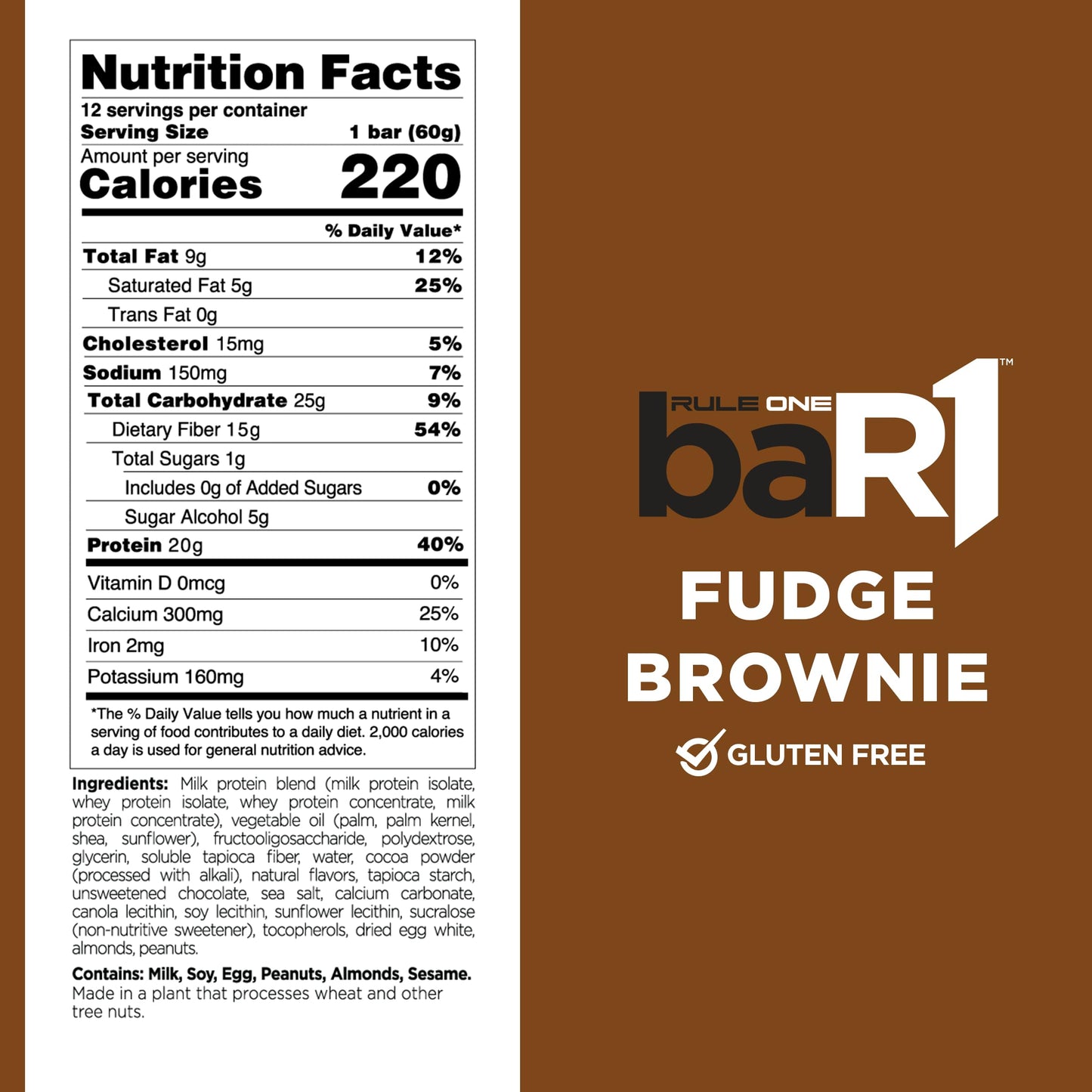 Rule 1 baR1 Crunch Bar - On-The-Go Convenient Protein Snack Bars with 20g Premium Protein, Naturally-Packed with EAAs/BCAAs, Hunger-Filling Fiber (12 Count Box, Fudge Brownie)