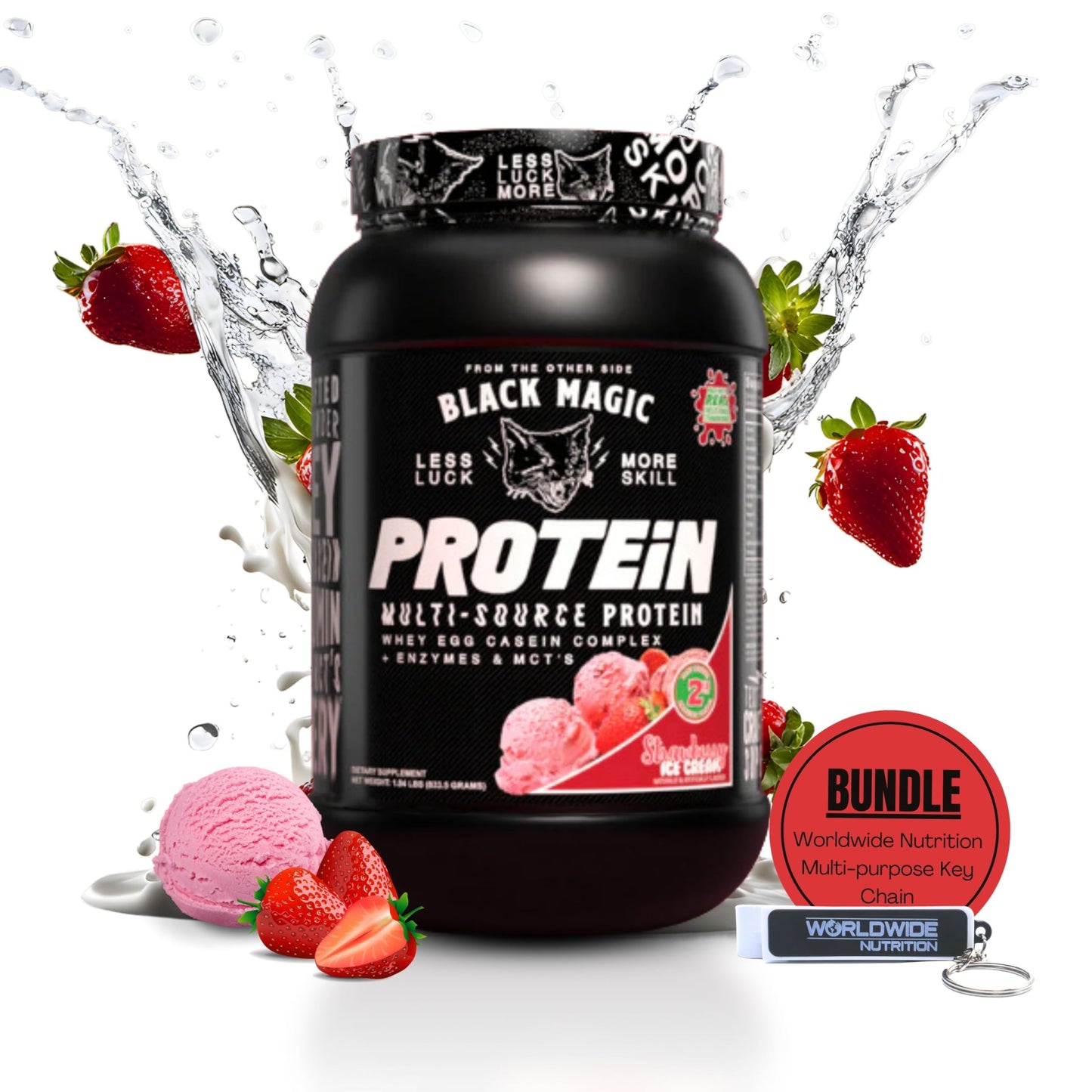 Worldwide Nutrition Bundle: Black Magic Multi-Source Protein Powder Whey, Egg Albumin Enzymes, Micellar Casein & MCTs Muscle Mass Gaining Cinnamon Toast Flavor - 2 LB & Multi-Purpose Keychain